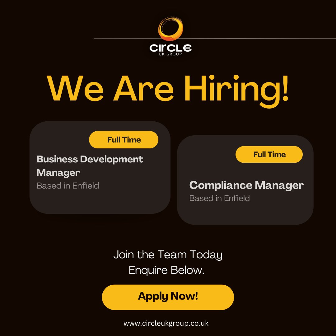 CircleUKGroup's tweet photo. 🟡 We Are Hiring! 🟡
.
.
Join the Circle Family today! 👨‍👩‍👧‍👦
.
.
#recruitment #jointheteam #enquirenow #fulltime #enfield #officebased #businessdevelopmentmanager #complianceofficer #employment #security #fm #circleacademy https://t.co/hWL0ljaaxS