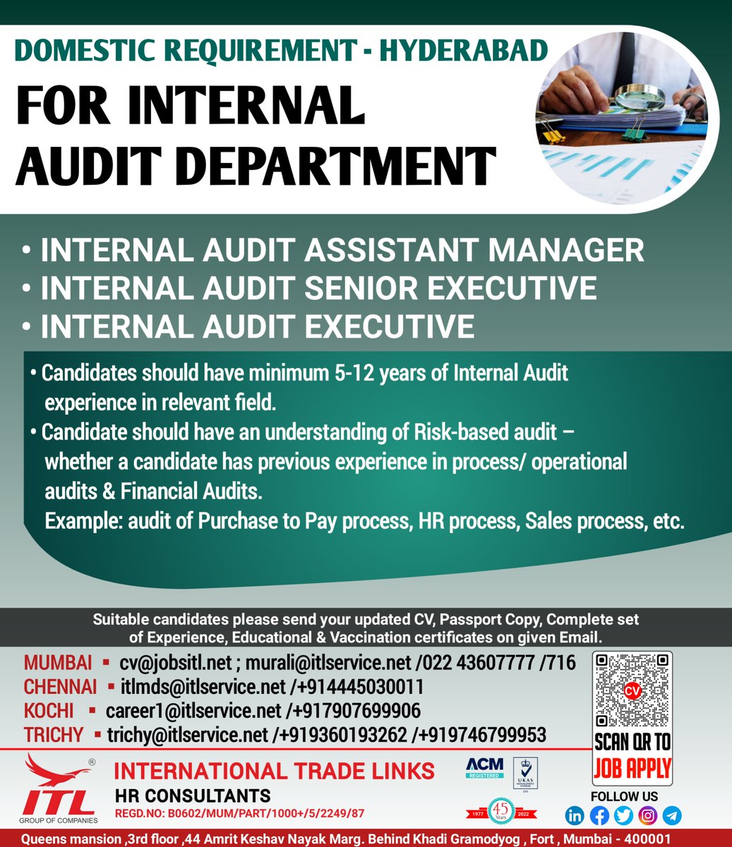 JOB VACANCY FOR #domestic #hyderabad 
CLICK ON LINK TO APPLY JOB > bit.ly/3bVNhxf
Learn more :
itlservice.net
#hyderabadjobs #internalaudit #accountants #assetmanagement #seniorexecutive #auditexecutive #internaldepartment #indiajobs #india2022 #urgenthiring