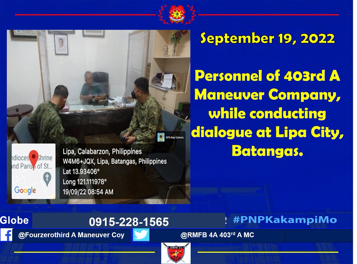 Secondcoy's tweet photo. Dialogue/Coordination
On September 19, 2022 at about 8:54 AM, y PLT JOHN JOSEPH CARANDANG, RCSP Team Leader conducted dialogue with Danilo R Silva, Brgy Captain and discussed about discussed abouts, Denouncing  and Outreach Program held at Brgy San Vicente Lipa City, Batangas https://t.co/s8YxO9lpCK