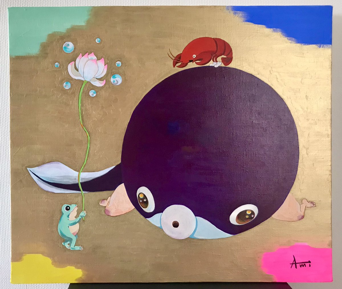 「ワタシの絵画には、さりげなくアメリカザリガニの薫ちゃんおりますよ。 柴田亜美#a」|柴田亜美staffのイラスト