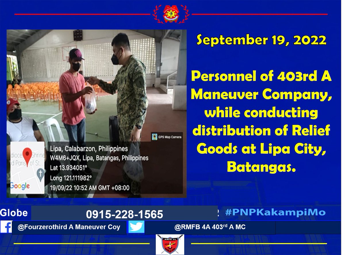 Secondcoy's tweet photo. On September 19, 2022 at about 10:52 AM, PLT JOHN JOSEPH CARANDANG distributed food pack to Greg Mendoza, a family of 4 at Brgy. San Vicente Lipa City , Batangas in relation to Community Engagement Initiatives (Kapwa Ko Sagot Ko) of PNP to support the indigent families https://t.co/7AiEkF6Gzh