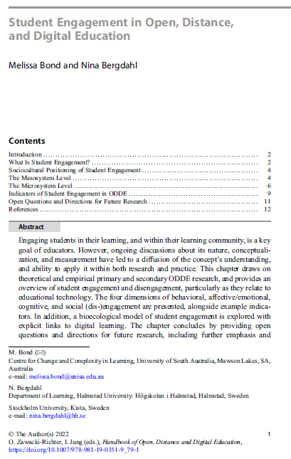 *** New Publication ***

#StudentEngagement in #Open, #Distance and #DigitalEducation with <a href="/Nina_Bergdahl/">Nina Bergdahl</a>.

Available #OpenAccess here: doi.org/10.1007/978-98…

#engagement #disengagement #HigherEd #DigitalLearning #OnlineLearning #OER #DistanceLearning #AcademicTwitter