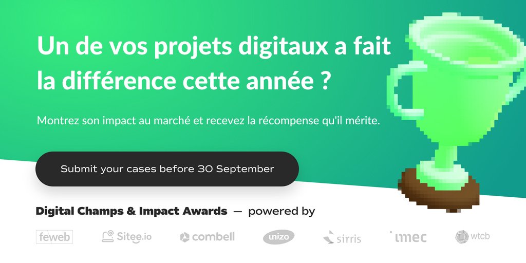 Un de vos projets digitaux a fait la différence cette année ? Soumettez vos cases avant le 30/9: digitalchampsawards.be/fr 
6 catégories: #website #webshop #app #datastrategy #campagne #digitaltransformationproject 
Organisé par <a href="/imec_int/">imec</a> <a href="/UNIZOvzw/">UNIZO</a> <a href="/Sirris_be/">Sirris</a> CSTC et <a href="/LaFeWeb/">La FeWeb</a>