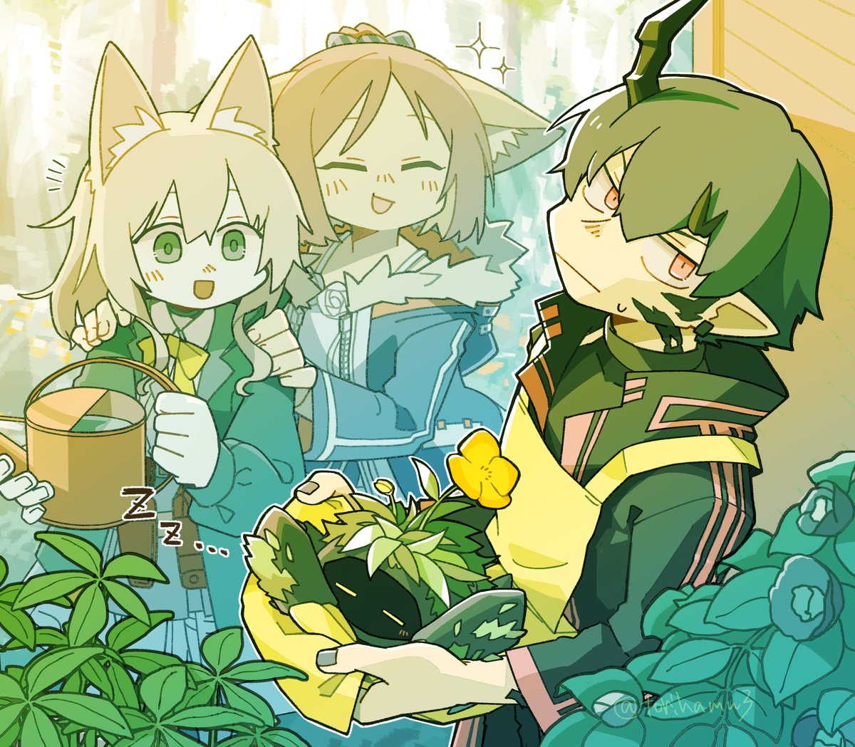 multiple girls 2girls watering can jacket animal ears horns 1boy  illustration images