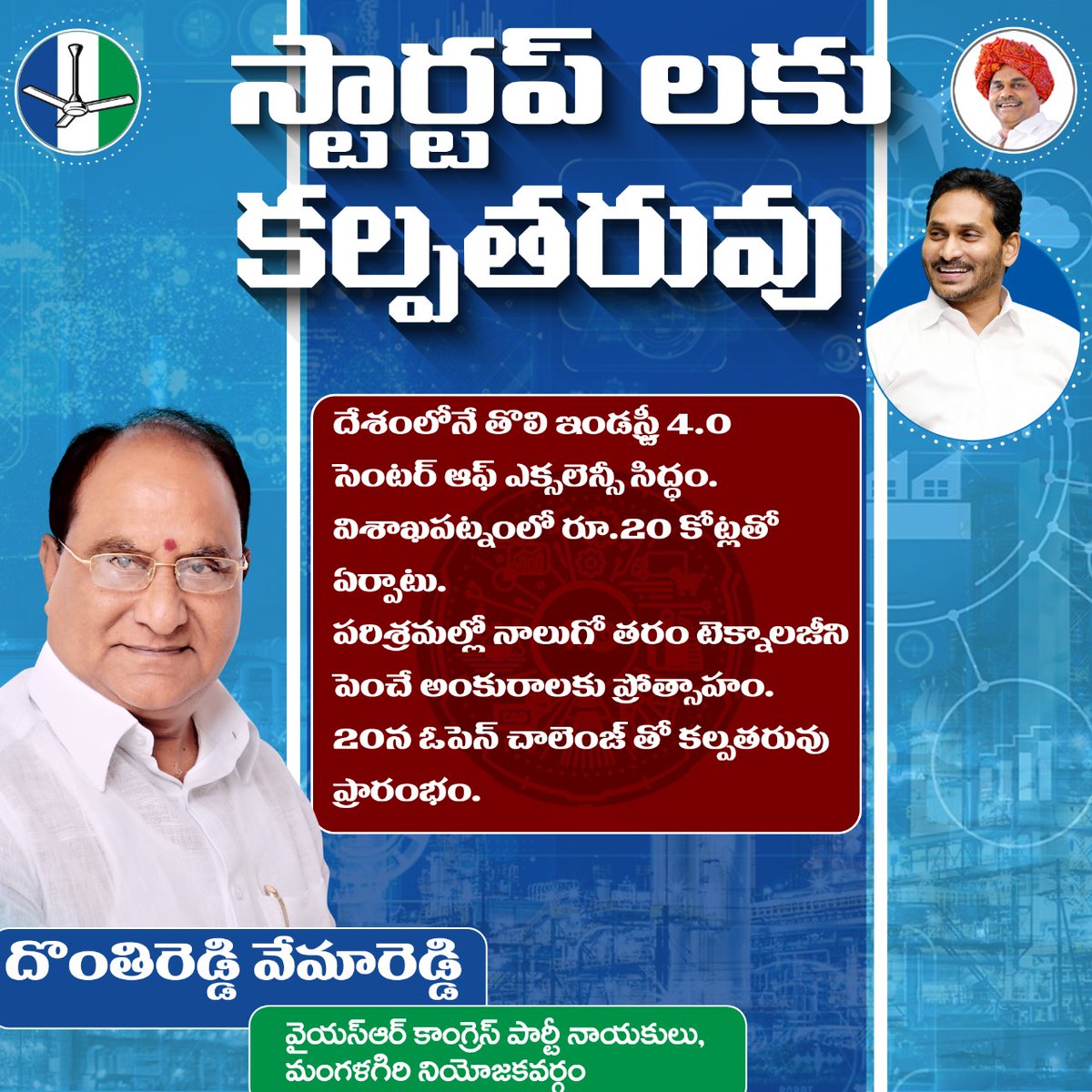 DonthireddyVem1's tweet photo. స్టార్టప్ లకు 'కల్పతరువు’
దేశంలోనే తొలి ఇండస్ట్రీ 4.0 సెంటర్ ఆఫ్ ఎక్సలెన్సీ సిద్ధం
విశాఖపట్నంలో రూ.20 కోట్లతో ఏర్పాటు
#Donthireddyvemareddy
#YSRCPMangalagiri
#BuildInAP
Translate Tweet https://t.co/myJLFe8vuK