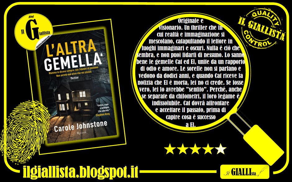 GiallistaIl's tweet photo. #RecensioneFlash su #IlGiallista:
#LAltraGemella di @C_L_Johnstone, edito da @RizzoliLibri.
https://t.co/ZdtjxMCASJ https://t.co/3KNKUM9XS4