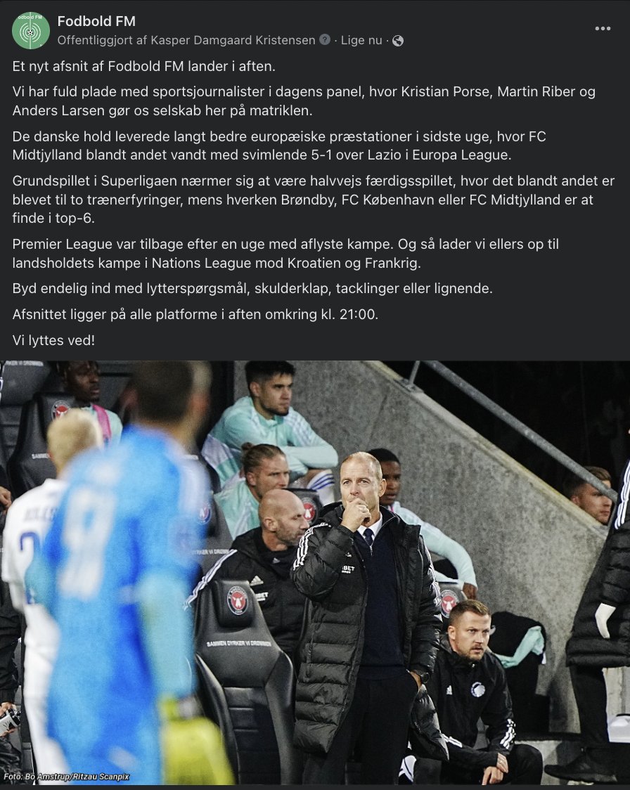 FodboldFM's tweet photo. De danske hold fik repræsenteret Danmark flot i europæisk sammenhæng, vi er snart halvvejs gennem grundspillet i Superligaen, og så venter to interessante prøver i NL for landsholdet.
Lyt med fra kl. 21 i aften, hvor @MartinRiber, @KristianPorse og @anderslarsen98 tropper op. https://t.co/1WtGA6K0jX