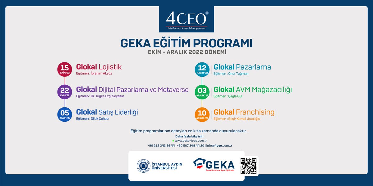 4CEOTR's tweet photo. Genel Katılıma Açık Eğitimlerimizin Ekim - Aralık 2022 Dönemi Programı Açıklandı! 
#lojistik #dijitalpazarlama #Metaverse #satışliderliği #pazarlama #avmmağazacılık #franchising https://t.co/v4l68vblQW