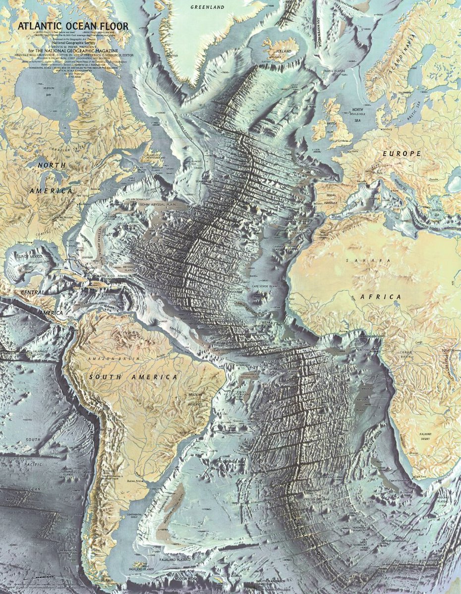 🌍 🌊 Voici une des cartes les plus spectaculaires du plancher atlantique. Publiée en 1968, elle a fait l'histoire du National Geographic

L'#ocean, la nouvelle frontière, ne manquera pas d'attiser les convoitises, alors même que la vie sur #Terre en dépend.