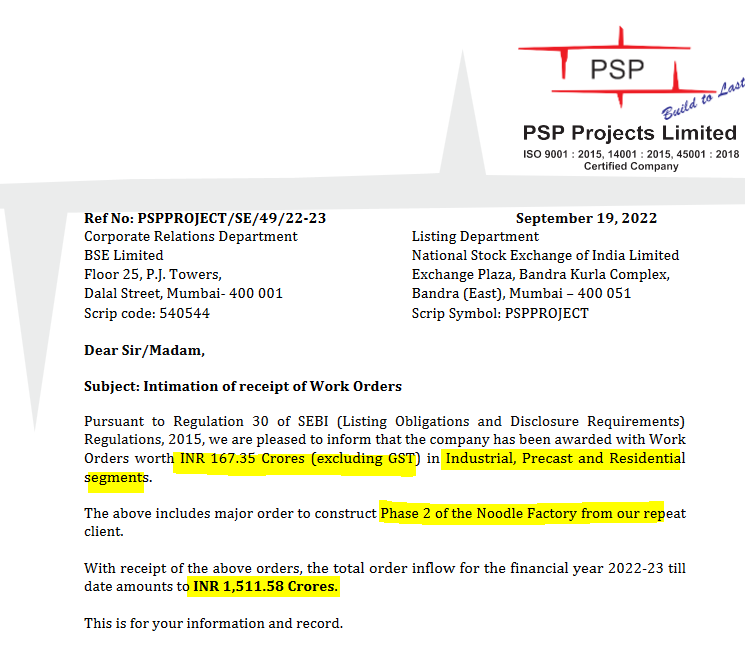 #PSP Projects Rcvd new orders worth 155crs Total orders Rcvd within two ...