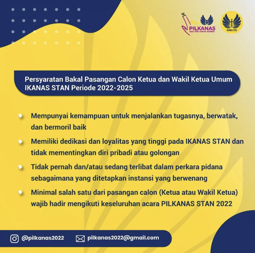 Apa saja persyaratan untuk menjadi bakal pasangan calon ketua dan wakil ketua umum IKANAS STAN?

Cek postingan ini dan segera persiapkan pencalonanmu!

Mari bersama kita sukseskan PILKANAS STAN 2022!
#SatuKlikUntukIKANAS 
#HajatanDemokrasiIKANAS 
#InfoPILKANAS 
#ikanasstan
