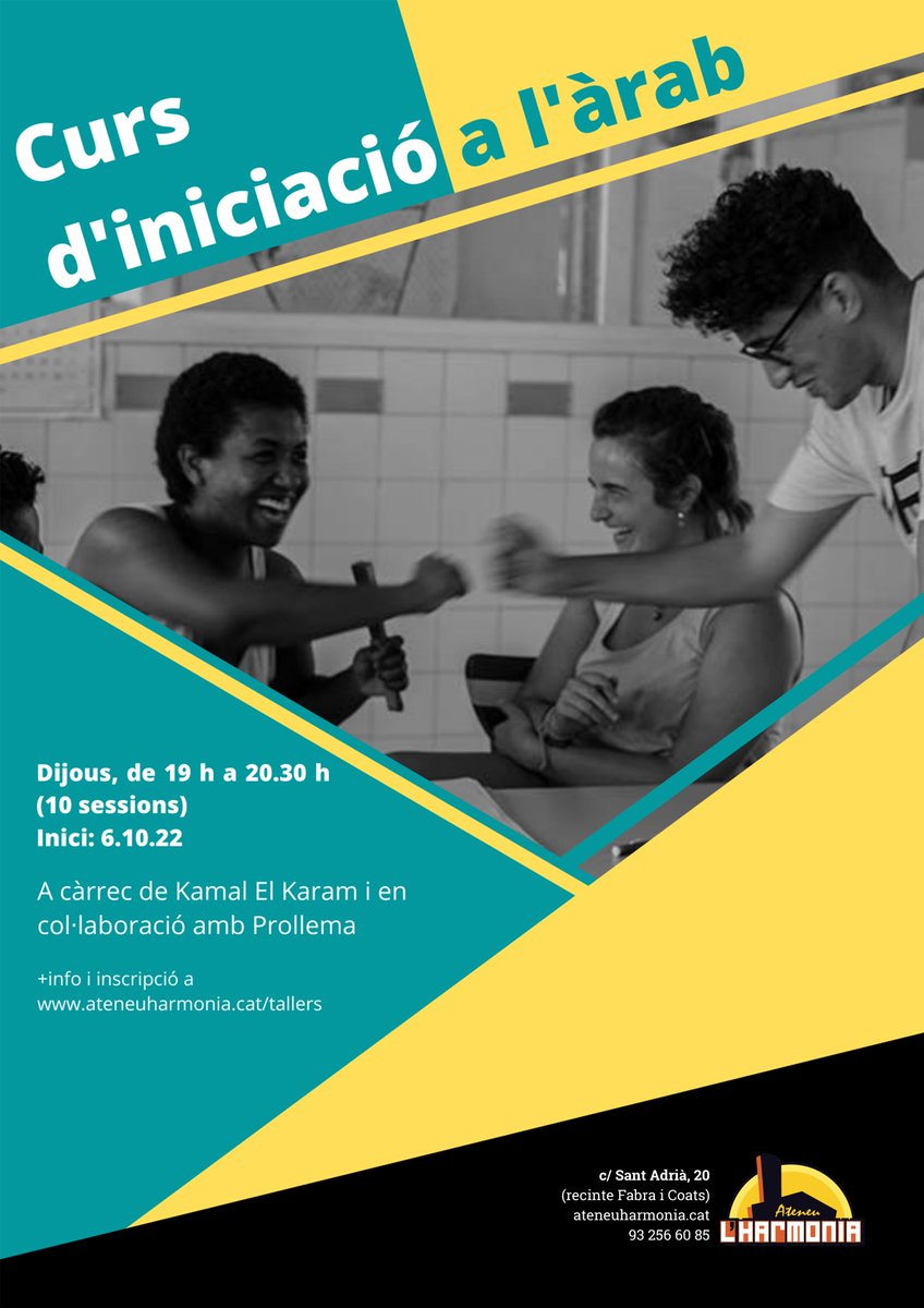 Bon dia!

Per aquí comencem la setmana recomanant-vos el curs d'iniciació al darija (àrab marroquí), on aprendrem l’idioma de forma pràctica i oral de la mà de Kamal El Karam, un jove nadiu. 

Gràcies a la col·laboració amb @prllm! 

🔗ateneuharmonia.cat/taller/curs-di…