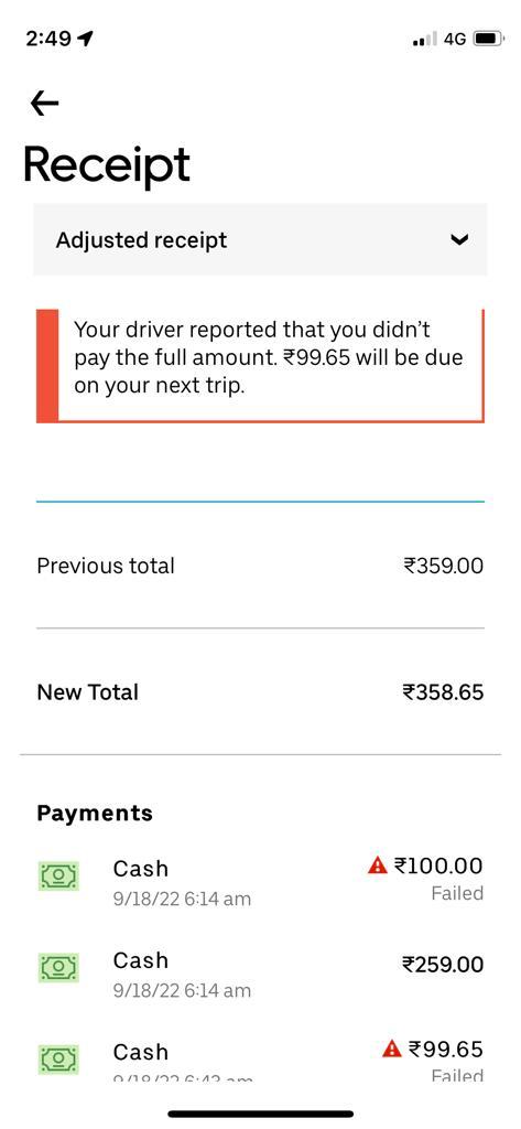 uricm_official's tweet photo. COMPLAINT AGAINST OVER CHARGE  I had travelled from kalupur to kudasan on 17.9.2022 by uber. Bill for ride was 359. I paid 359. Still driver reported less payment of Rs 100 and i got notice to pay Rs 99.65 more. NOT ETHICAL and PROFESSIONAL. See your bill and my payment. JUSTICE https://t.co/Nb2JjKRm7J