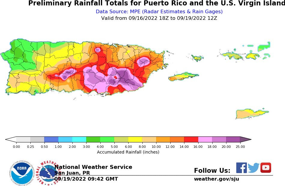 NWSSanJuan's tweet photo. 5:45 AM AST Sep 19: Preliminary ~64-Hour Rainfall Totals for PR and the USVI. **THIS IS STILL AN ONGOING EVENT!** |  Totales Preliminares de lluvia de ~64 horas para Puerto Rico y las Islas Vírgenes Estadounidenses. **¡ESTO ES TODAVÍA UN EVENTO EN CURSO!** #PRwx #USVIwx https://t.co/x1wwGrPpax
