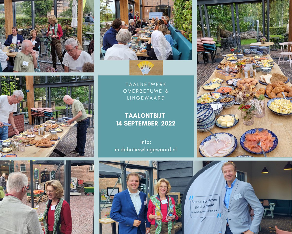 SWLingewaard's tweet photo. Op 14 september vond er bij Landwinkel de Woerdt in Ressen een inspirerend taalontbijt plaats. Dit in het kader van de #WeekVanLezenEnSchrijven2022. De organisatie was in handen van het Taalnetwerk Overbetuwe en Lingewaard. Ook wethouders @RenePost en @nick_hubers waren aanwezig. https://t.co/B09iOR5Jyk