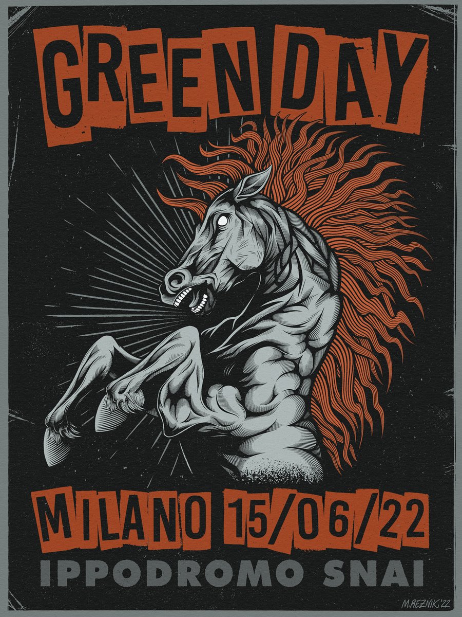 10tacled's tweet photo. An unofficial @GreenDay gig poster Milano, Italy 15/06/22 at Ippodromo SNAI San Siro (which is a horse racetrack). I have made this poster as a token of appreciation for my friend, who couldn't go himself, and gave me his tickets. #illustration #posters #music #musicpromotion https://t.co/xPpjDAlvMi