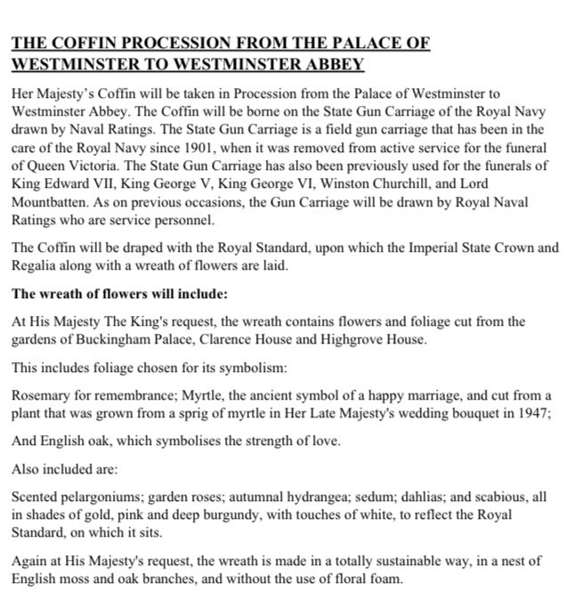 NEW Details of the sustainable symbolic  floral wreath on the #Queen’s coffin, selected at the #King’s request from the gardens at Buckingham Palace, Clarence House and Highgrove, including some of #QueenElizabethII’s favourite blooms