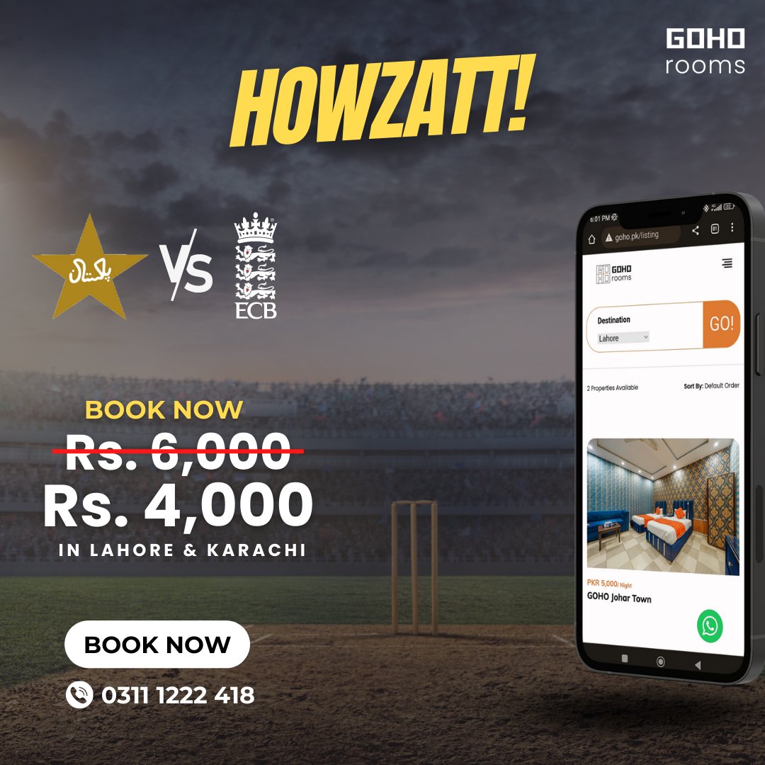 gohodotpk's tweet photo. GOHO is all set to host cricket fans during Pakistan Vs England series, enjoy our special offer at any of our hotels in Lahore &amp; Karachi. Come and enjoy matches with GOHO rooms.

👉Book Now : 📲Call/Whatsapp: 03 111 222 418
 #cricket #pakvseng #t20cricket #gohorooms https://t.co/xUXmi7ZoMA