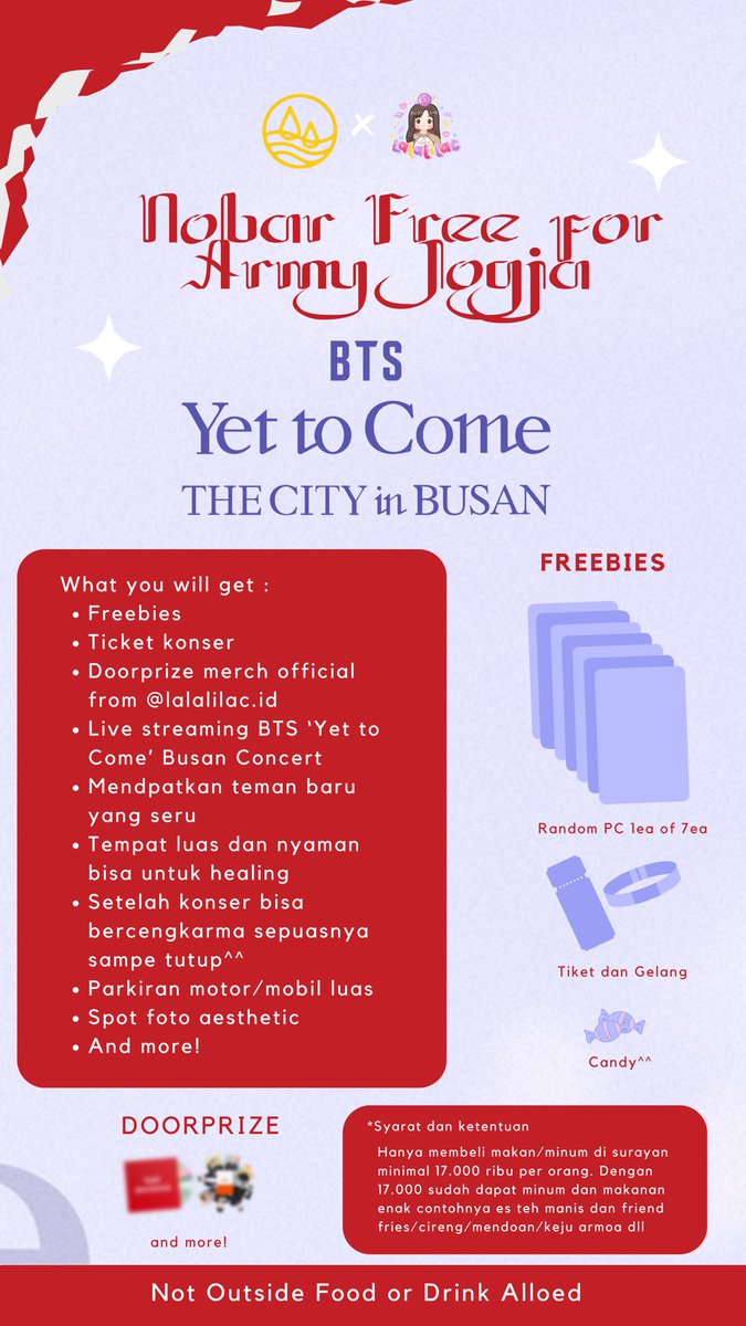 abcderinna's tweet photo. CALLING OUT ALL ARMY JOGJA
Nobar BTS ‘Yet to Come’ in Busan and anniversary 1th https://t.co/CCP2a719ss 🎉

📅 : Sabtu, 15 Oktober 2022
🕑 : 14.00 WIB - Selesai
📍: SURAYAN KOPI
👗: hitam / putih

✨jangan lupa bawa atribut army kamu✨

Registration: 
https://t.co/gXiNyacimV https://t.co/tUMygNsr1y