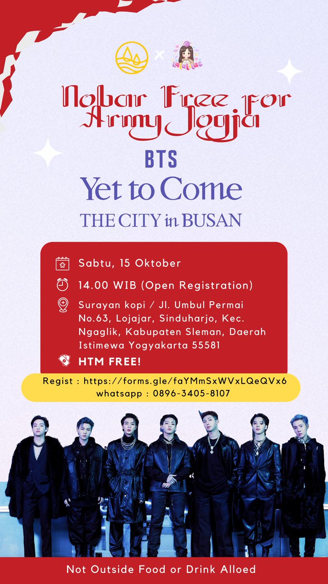 abcderinna's tweet photo. CALLING OUT ALL ARMY JOGJA
Nobar BTS ‘Yet to Come’ in Busan and anniversary 1th https://t.co/CCP2a719ss 🎉

📅 : Sabtu, 15 Oktober 2022
🕑 : 14.00 WIB - Selesai
📍: SURAYAN KOPI
👗: hitam / putih

✨jangan lupa bawa atribut army kamu✨

Registration: 
https://t.co/gXiNyacimV https://t.co/tUMygNsr1y
