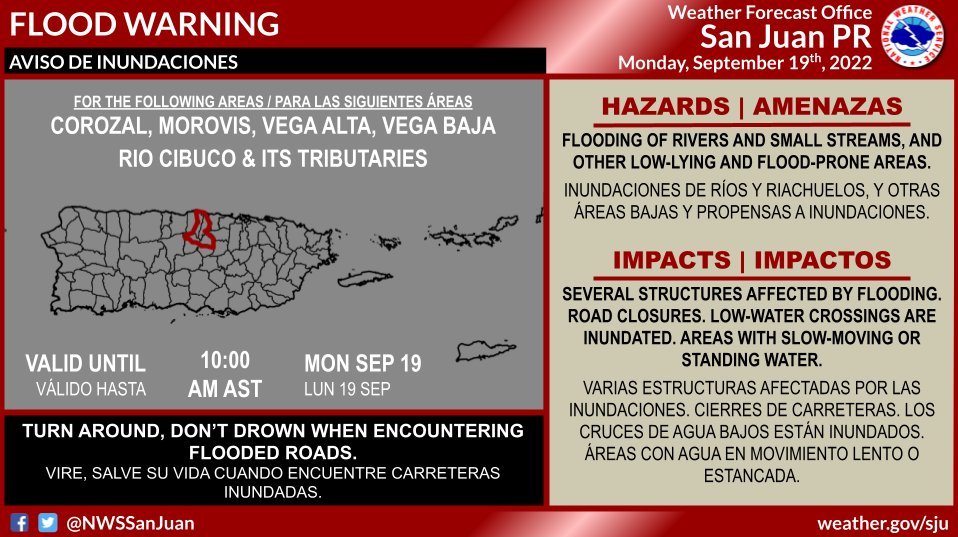 NWSSanJuan's tweet photo. ⚠️❗RIO CIBUCO &amp; ITS TRIBUTARIES❗⚠️
Flood Warning. | Aviso de Inundaciones. Until | Hasta…10:00 AM AST SEP 19. #PRwx https://t.co/spqtBVsGPl