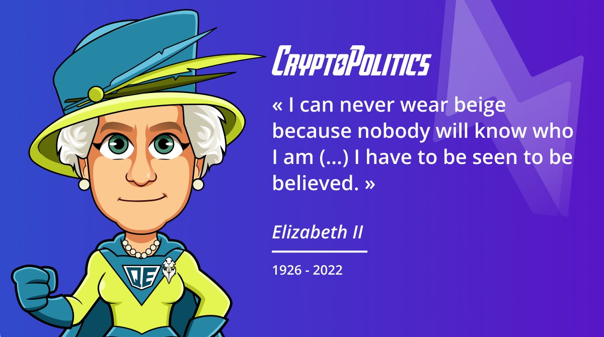 cryptopolitic's tweet photo. FIGURES LÉGENDAIRES
Hommage à LA Reine - dont les tenues, aux couleurs étudiées🌈, seront difficilement égalées #ElizabethII 
#P2T #NFT #Cryptopolitics #CYP https://t.co/JIlHcY6Kwr