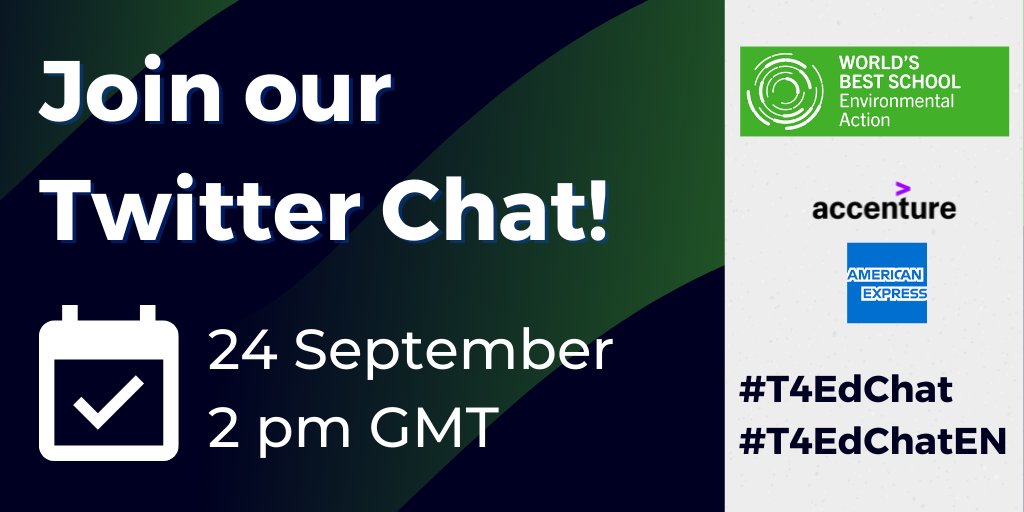 Join our Twitter chat on 24 September, 2 pm GMT &amp; let’s start exploring the Environmental Action <a href="/BestSchoolPrize/">World's Best School Prizes</a> category &amp; #WorldEduWeek theme together.

Who's joining? Leave a comment below! 

#T4EdChat
#T4EdChatEN