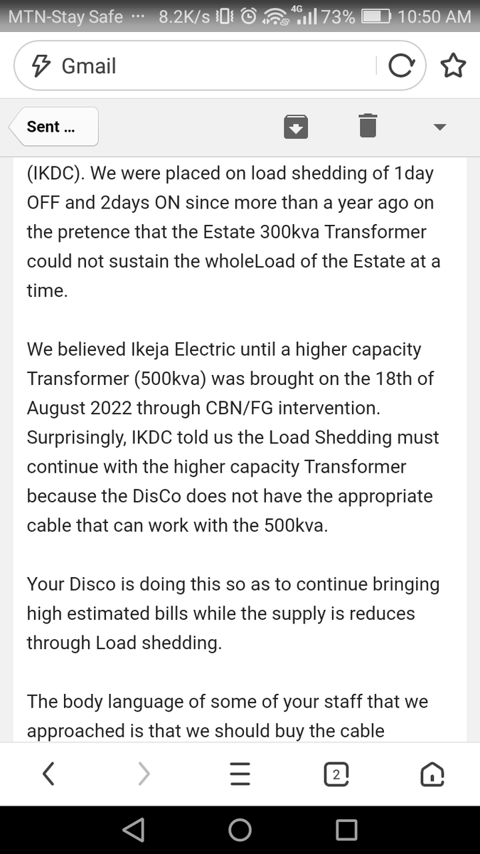 EstateParkview's tweet photo. Pls save us from IKDC. We've been on Load Shedding since a year ago. CBN/FG just gav us a new &amp; higher capacity transformer(500kva) but IKDC told us Load shedding must continue bcos no appropriate cable 2 use wit d new transformer. See attached proof @PowerUpNG @nepawahalang https://t.co/O3CbAhArGu