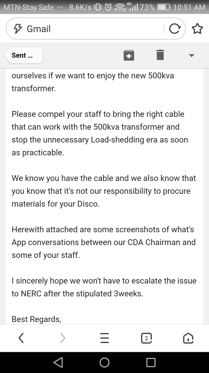 EstateParkview's tweet photo. Pls save us from IKDC. We've been on Load Shedding since a year ago. CBN/FG just gav us a new &amp; higher capacity transformer(500kva) but IKDC told us Load shedding must continue bcos no appropriate cable 2 use wit d new transformer. See attached proof @PowerUpNG @nepawahalang https://t.co/O3CbAhArGu