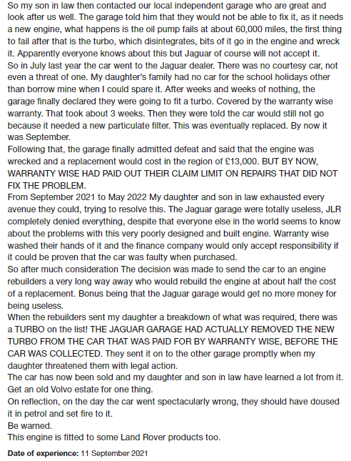 ripofflandrover's tweet photo. This is probably the longest review we've ever found on @Trustpilot. What a horrendous experience this customer went through ... we hope nobody else has to suffer the same experience!

#RipOffJaguarLandRover #Jaguar #LandRover #Expensive #PoorQuality #PoorService #CustomerCare https://t.co/QdEkMTDkLq
