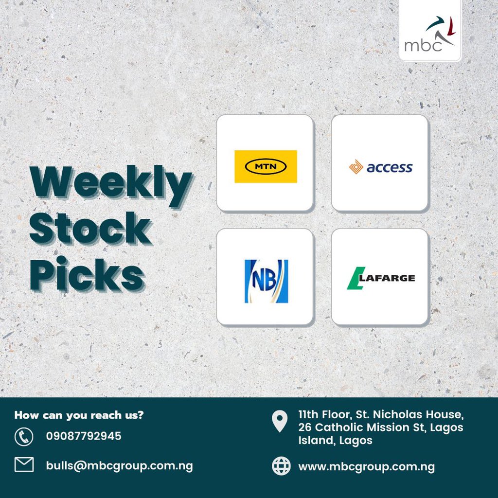 MBCNigeria's tweet photo. Here are this week’s stock recommendations…
Get detailed weekly report, directly to your mailbox.
To subscribe, simply send us a DM.
#mbcsecurities #investnow #investinnigeria #buildwealth https://t.co/oAtRyv3rtk