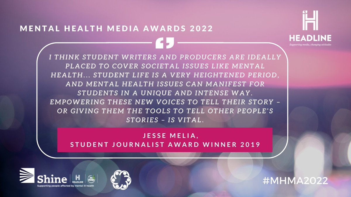 ShineMediaProg's tweet photo. Calling all third level students🔔Submissions for this year's Mental Health Media Awards will close this Friday 23 September. The winning entry will receive a placement and bursary. Submit now! https://t.co/MPSTr8YFc3 https://t.co/pq6qXRF68K