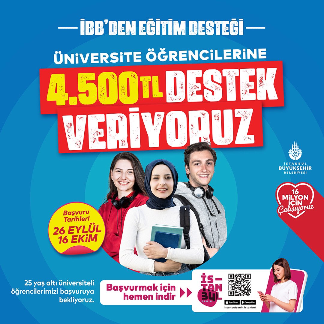 Gençler mutlaka başvurun. 75 bin üniversite öğrencisine 4.500 TL geri ödemesiz eğitim desteği veriyoruz. Başvurular 26 Eylül - 16 Ekim tarihleri arasında İstanbul Senin Mobil Uygulaması üzerinden gerçekleştirilecek. m.istanbulsenin.istanbul/ibb