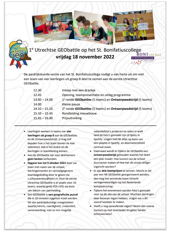 Docent van groep 8 in Utrecht? Schrijf je aardrijkskunde toppers nu in voor de 1e Utrechtse <a href="/Geobattle/">GEObattle.nl</a> op 18 november 2022! We hebben nog plek voor enkele teams. <a href="/pcou_willibrord/">PCOU Willibrord</a> <a href="/knag/">KNAG</a> <a href="/geografieNL/">geografie.nl</a>