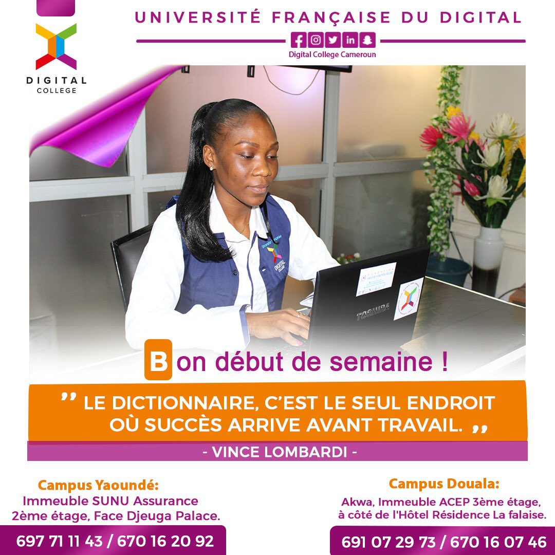 Hello #DC Familly 👋🏾
Nous vous proposons de commencer la semaine avec cette citation👇🏽de Vince Lombardi, qui nous conseille de travailler dure pour réussir.🏆
Passez une semaine fructueuse. 🤗👍🏾

#bonnesemaine #digitalcollegecameroun