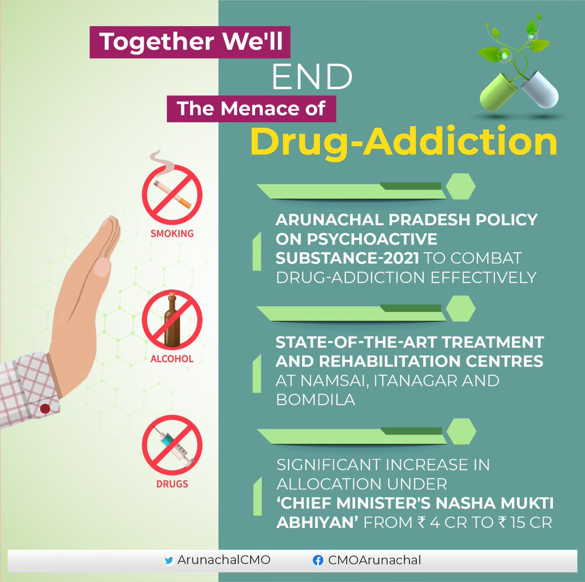 A wholesome approach has been adopted to deal with the menace of drug-addiction decisively in #ArunachalPradesh. Our youths are the future of the state and the nation. We won't let them fall prey to psychoactive substances. Be a stakeholder in our war against the drug abuse!
