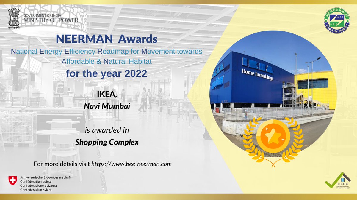 AwardsNeerman's tweet photo. ‘IKEA Navi Mumbai’ building at #navimumbai was awarded under the ‘Shopping Complex Category’ by the jury for @beeindiadigital NEERMAN Awards at ANGAN 2022 on 15th of September 2022.

Congratulations to the @IKEAIndia team for the feat! https://t.co/3YpGWp4Nps