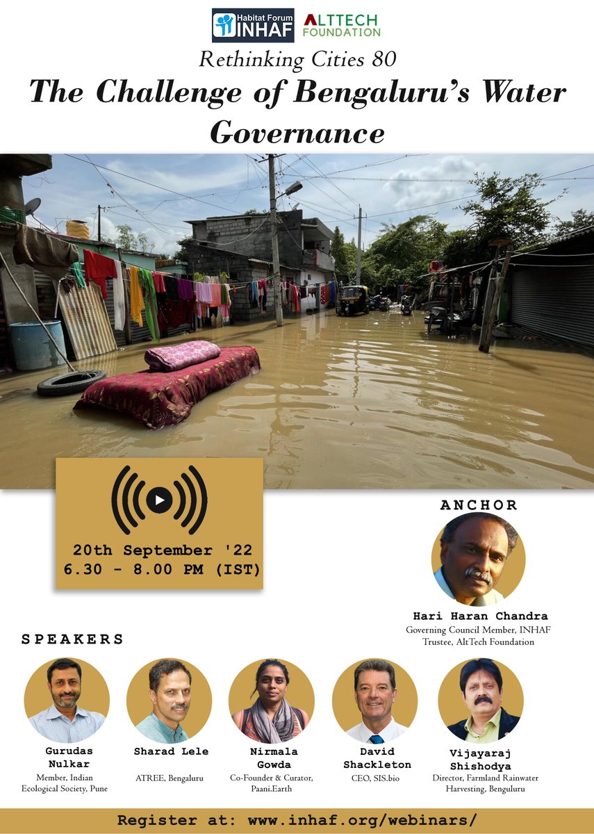 HabitatForumIN's tweet photo. The Challenge of Bengaluru’s Water Governance
#StudioINHAF #Webinar80 #rethinkingcitieswebinarseries
Register Here: https://t.co/Y9Fc3owK9A
Date: 20th September 2022, 6.30 PM (IST)
#bengaluru #bengalurufloods #bengaluruwater #rethinkingcities #watergovernance https://t.co/aquYGMsOmw