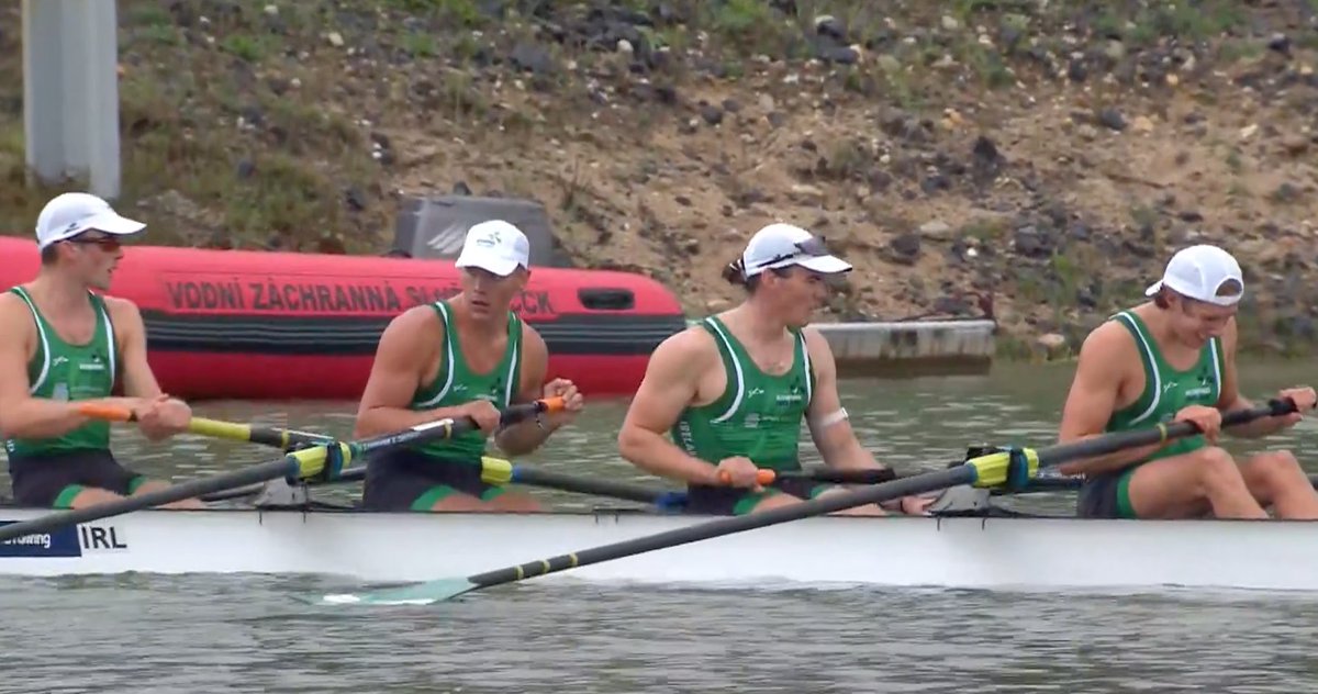 They're through! Ireland's young four of Jack Dorney, Nathan Timoney, Ross Corrigan and John Kearney took an excellent second in their heat behind Britain to ensure all five Ireland crews seeking semi-final places today landed them.