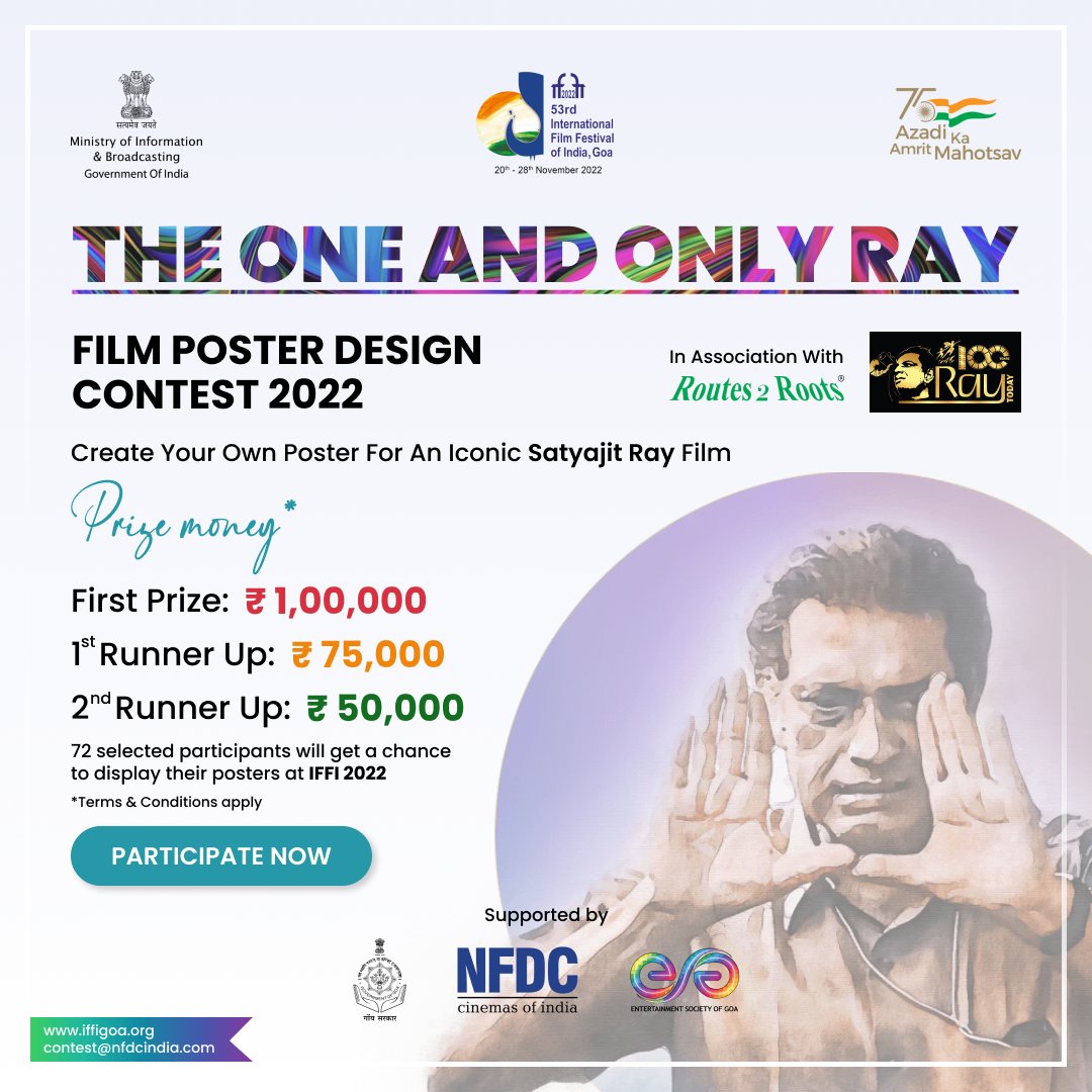PIBHindi's tweet photo. .@nfdcindia ने एक फिल्म पोस्टर डिज़ाइन प्रतियोगिता का आयोजन किया है
पुरस्कार👇
🥇 ₹1 लाख
🥈₹75 हजार
🥉₹50 हजार
थीम: "वन एंड ओनली रे"
प्रविष्टियां जमा करने की तिथि: 8-23 सितंबर 2022
अधिक जानकारी के लिए इस लिंक पर जाएं- https://t.co/mGAxZUJ5Ri
#AzadiKaAmritMahotsav #Ray100 https://t.co/x7zz70TDOD