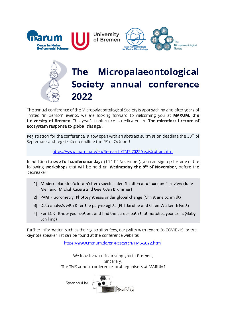 MicropalaeoSoc's tweet photo. The TMS Annual Conference's Second Circular is now available, featuring details of workshops on Wednesday 9th of November which are now open for registration! 

Register for the workshops using this link: https://t.co/HZEpfIO8us https://t.co/VAXHoP1WGD