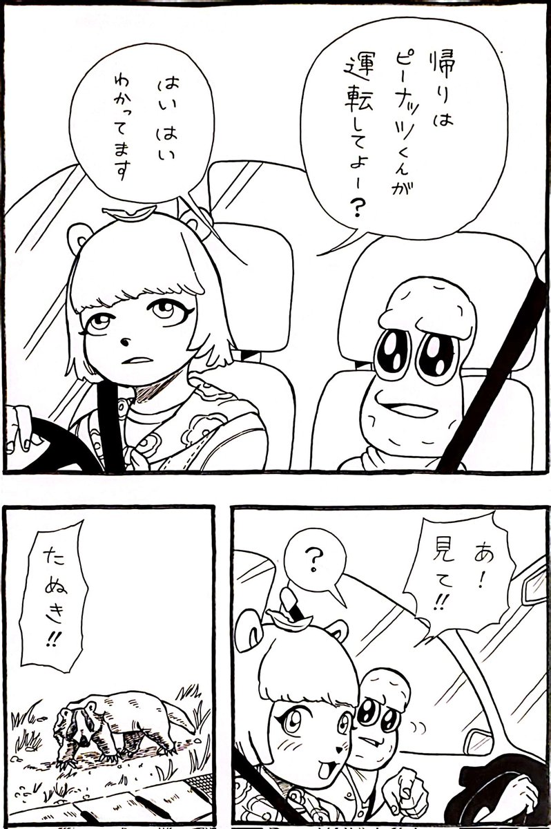 ドライブ中にたぬきに遭遇したぽんぽこさんとピーナッツくん漫画
#オシャレになりたいピーナッツくん 
#ぽこあーと 