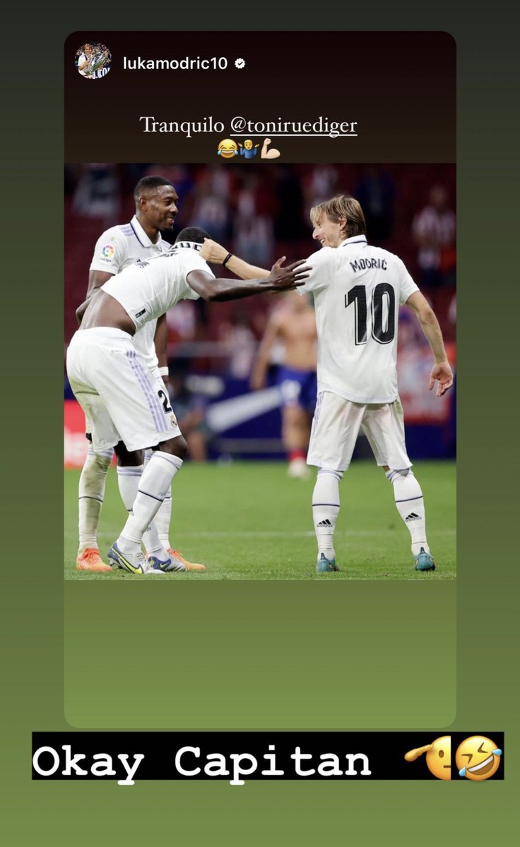 RMCFarab's tweet photo. مودريتش لروديغر : ترانكيلو 😂🤷💪

روديغر يرد على مودريتش : حاضر كابتن 🫡🤣 https://t.co/s9OakXIbzL