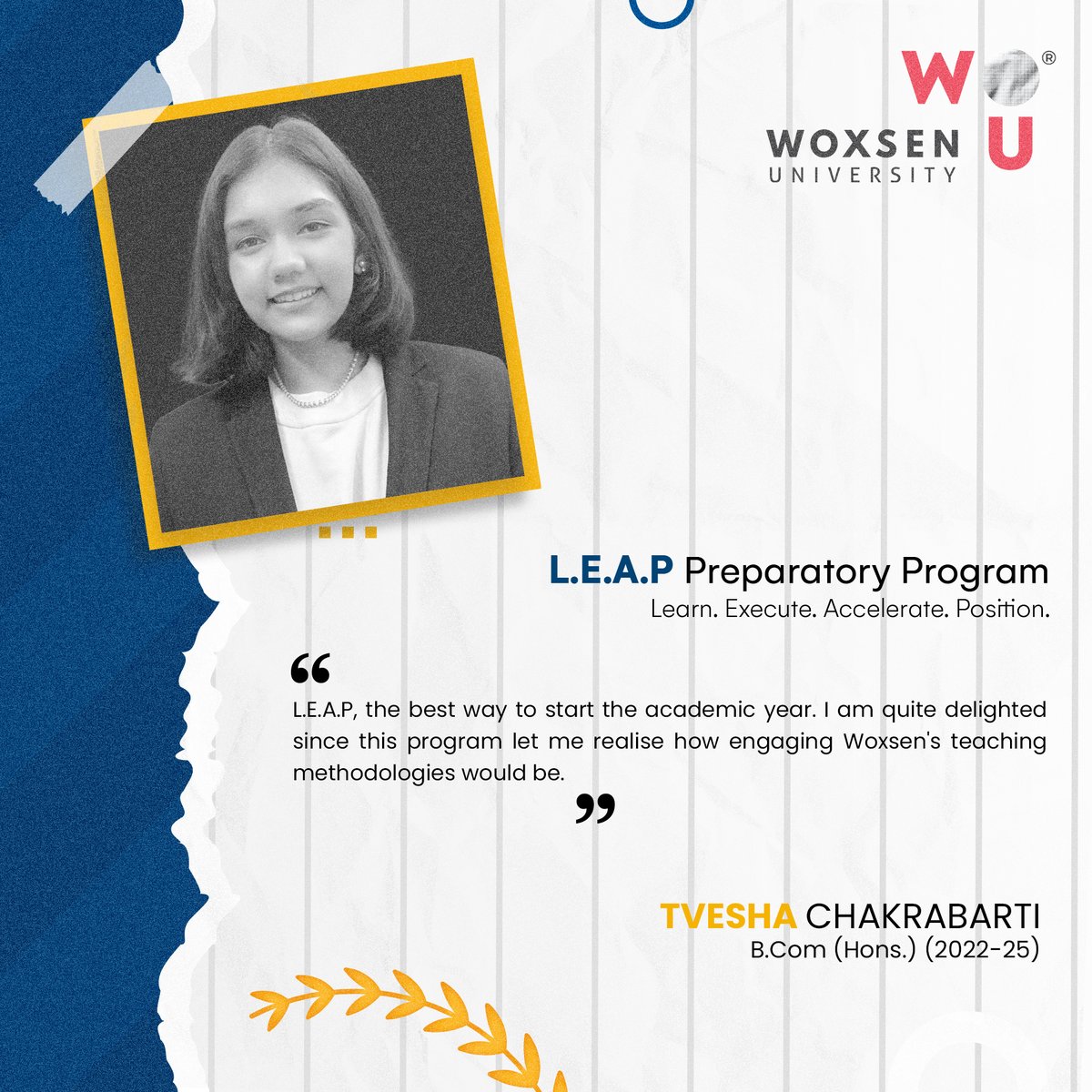 Woxsen's tweet image. Woxsen University emphasizes Applied Learning through Case-based Studies, Group Discussions, and Presentations. Take a look as Tvesha Chakrabarti - B.Com (Hons.) shares her LEAP Experience. 

#woxsen #woxsenuniversity #leap2022