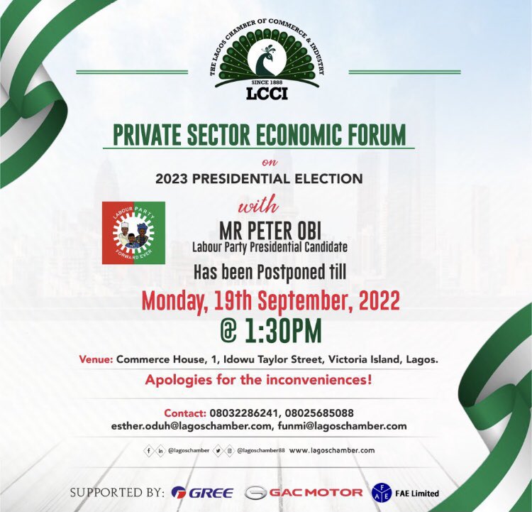 My President, Peter Obi will be addressing the Lagos Chamber Of Commerce and Industry (LCCI) today Monday, September 19th. The time is 1:30 pm sharp!!! It's #PeterObiAtLCCI Retweet Guys!!!