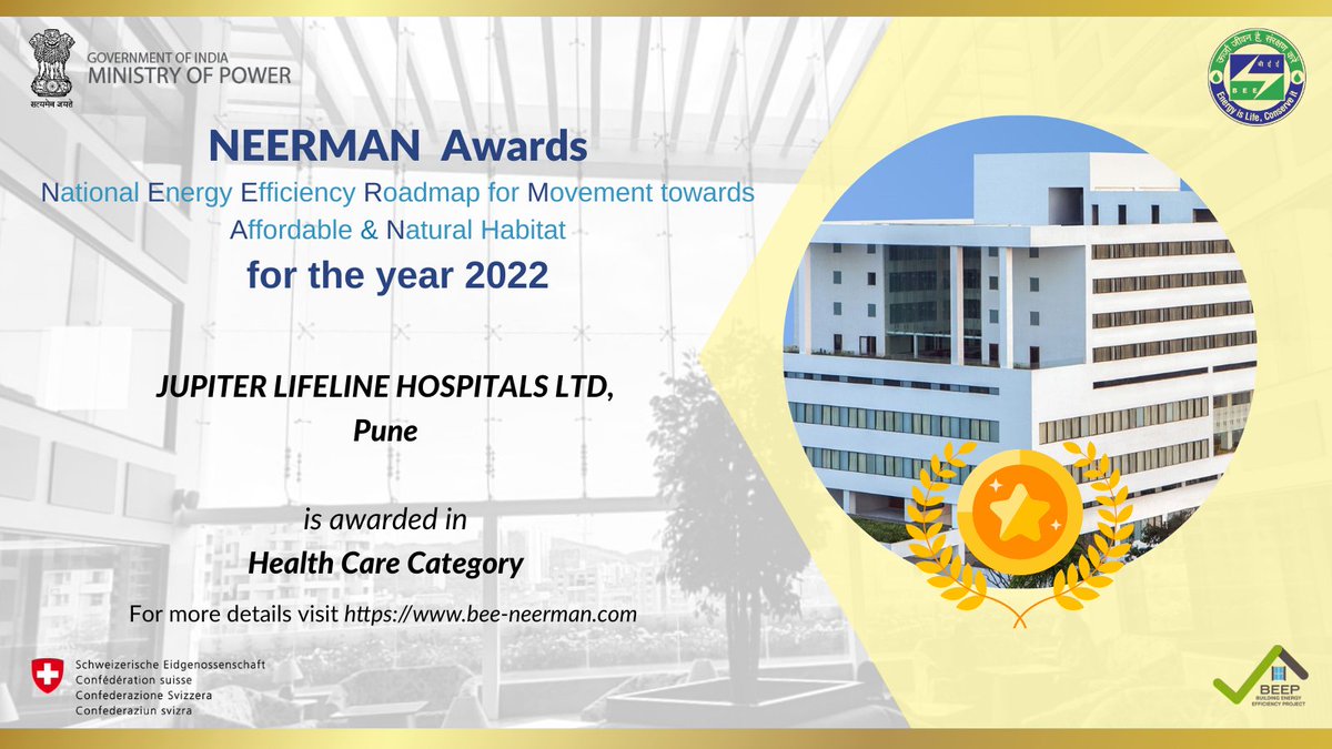 AwardsNeerman's tweet photo. ‘Jupiter Lifeline Hospitals Ltd’ building at #Pune was awarded under the ‘Health Care Category’ by the jury for @beeindiadigital NEERMAN Awards at ANGAN 2022 on 15th of September 2022.

Congratulations to the team for the feat!

#hospital #healthcare #energy #lowenergy #lowcarbon https://t.co/27tisBJSDy