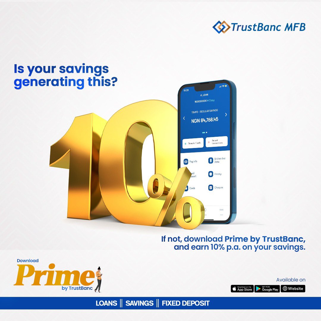 TrustBancPrime's tweet photo. Why keep your money idle?
Earn 10% p.a. on your savings with TrustBanc. Wow!

Grab this offer now!

Download now:
App Store: https://t.co/vYR1OWK5c9
Playstore: https://t.co/xBAdgbqPyz
Web platform: https://t.co/7GSyMqmj3L

#PrimebyTrustBanc #MobileApp #Savings #BillsPayment https://t.co/zwstiOQETz