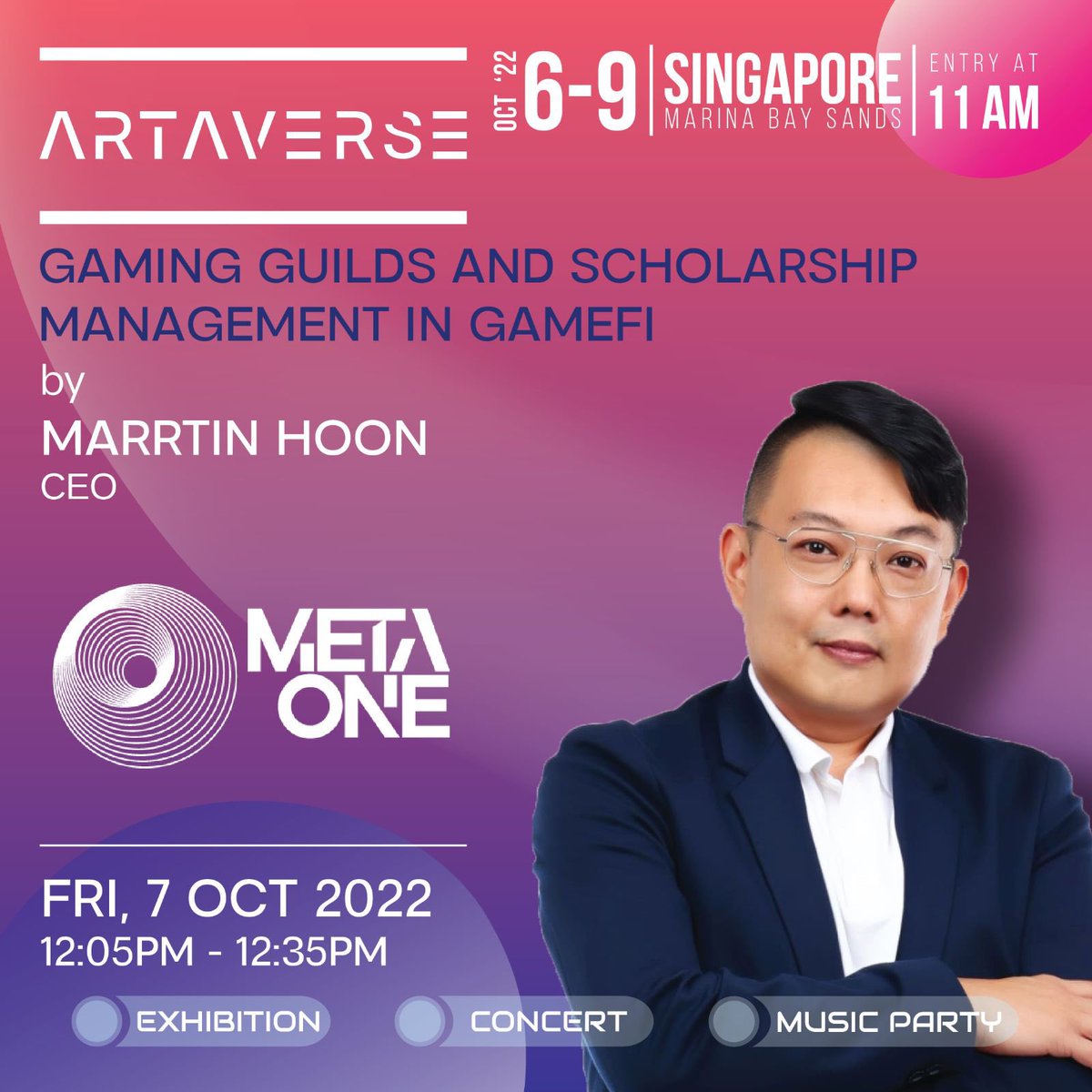 MetaOne simplifies onboarding and NFT processes, enabling a massive gamers community with extensive gaming data analytics from games to gamers level, and provides a high assurance NFT assets management platform to the gaming metaverse.

Marrtin Hoon will be joining our seminar!