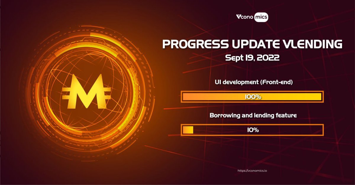 Vconomicsio's tweet photo. 📣 VLENDING: PROGRESS UPDATE SEPT 19📣
For global users to be informed of the crypto credit platform #Vlending, #Vconomics would like to update the feature progress as follows:
- UI development (Front-end) - 100%
- Borrowing and lending feature - 10% https://t.co/UCb27zRHFl