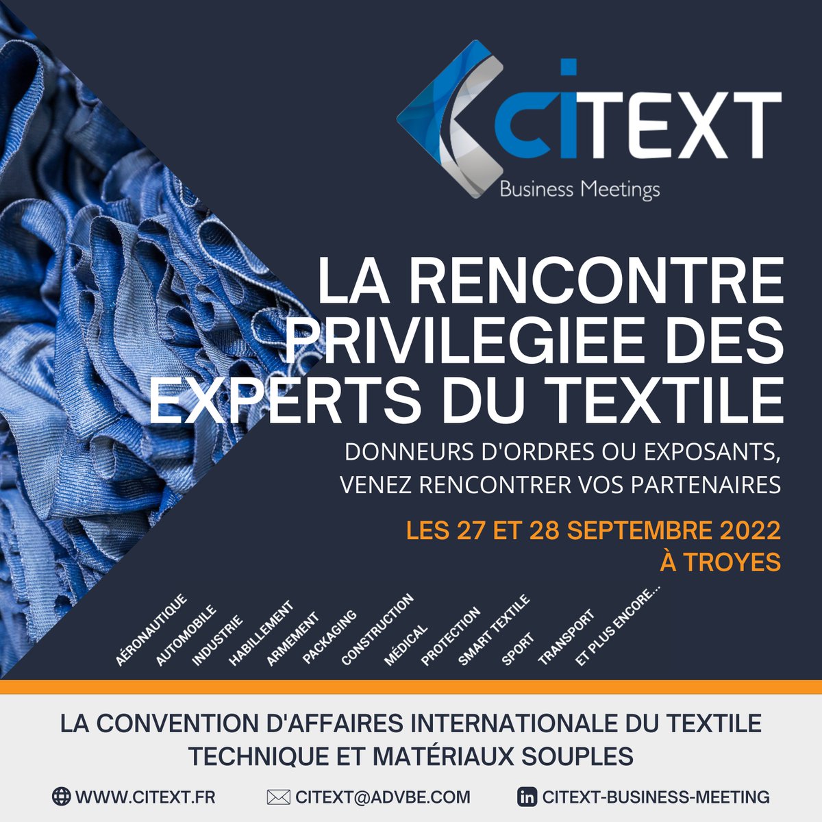 UITFrance's tweet photo. L'UIT est partenaire de CITEXT, convention d'affaires des textiles techniques, dont la prochaine édition se tient les 27 et 28 septembre prochain à Troyes
@IntegralTextile 
#CITEXT #textiletechnique #textile https://t.co/UUvQcbdNAD